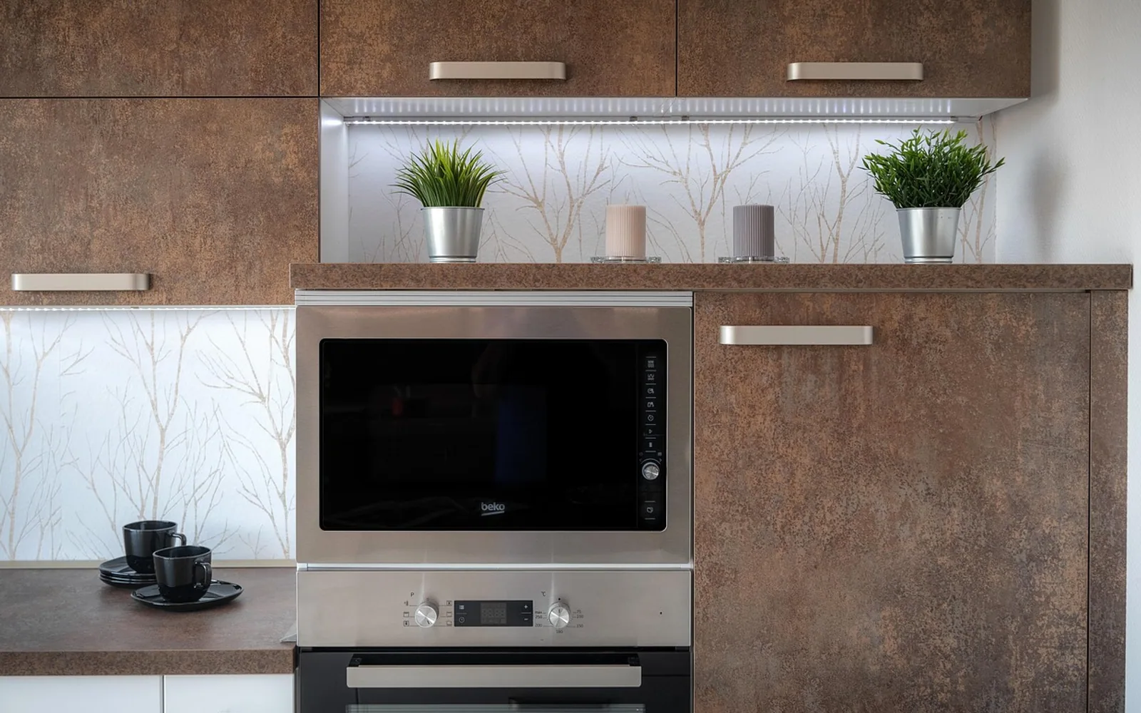 Kitchen, interior design and oven
